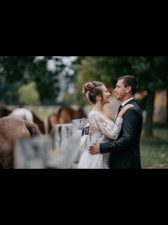 [x]フリー写真画像: 花嫁, 村, 花婿, ウェディングブーケ, 結婚式場, ウェディングドレス, 馬, 男, 愛, カップル